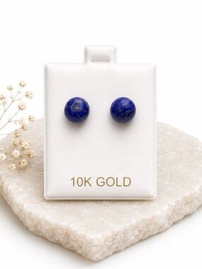 10K Gold Lapis Lazuli Ball Stud Earrings NWT